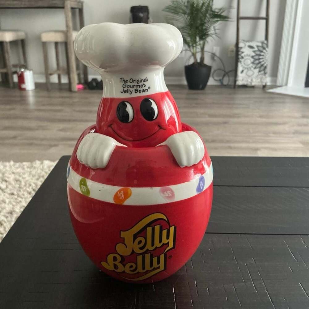 Jelly Belly Ceramic Candy Jar Cookie Jar Red Jelly Bean Character with Chef Hat